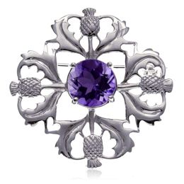 Alexander Castle Sterling Sier Scottish Thistle Brooch with Genuine Amethyst and Jewellery Gift Box - Scottish Women's Gift, Amethyst