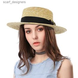 Wide Brim Hats Bucket Hats GEMVIE Panama Cap Cowgirl Outdoor Spring Summer Bow Flattop Straw Hat for Women Sun Protection Beach Top Straw Hats 2024 Lady Y240409
