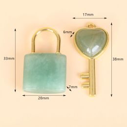 1 Set Natural Crystal Couple Lock Necklace Pendant Set Heart Shaped Key Piece Pink Crystal Amethyst Tiger Eye Stone Lock