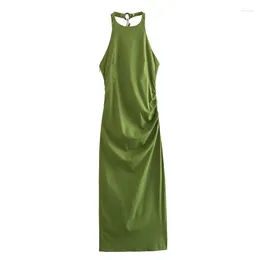 Casual Dresses 2024 Summer Women's Temperament Light Green Halter Neck Sleeveless Pleated Dress Sexy Open Back Slim Mid-Length Skirt