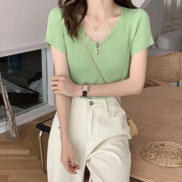 Woman T Shirt Short Sleeved Blouse Women Orange Green Wave Collar Knitted Blouse Clothes Womens Tops And Blouses Elegant S-2XL