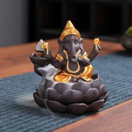 1pc, Ceramic Lotus Indian Ganesha Elephant God Buddha Statues Backflow Incense Burner Buddha Incense Hold Home Decor Tea Pet
