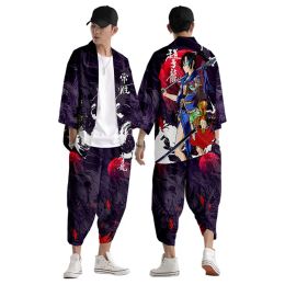 Two-piece Suit Big Size S-6XL Loose Japanese Cardigan Women Men Cosplay Yukata Clothing Harajuku Samurai Kimono + Pants Sets
