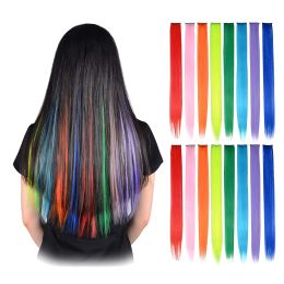 Coloured Highlight Synthetic Hair Extensions Long Straight Clip In Hairpiece for Women Kids Girls Rainbow Colour Hair Pieces 10PCS