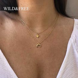 Pendant Necklaces Moon star laminated necklace womens sweater pendant necklace gold-plated charm stainless steel fashionable Jewellery giftQ