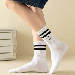 2 Pairs Embroidered Mid Tube Socks Women's Double Pole Fashionable Smiling Face Autumn ComFortable Warm High-quality Men's Socks