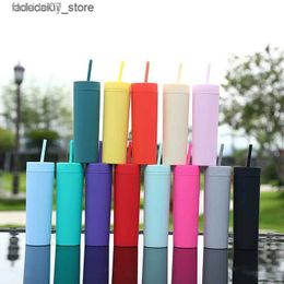 Mugs Mus Hot 16 oz. Candy Colour Slim Fit Cup Coloured Frosted Straw Coffee Mu Water Bottle Cover Straw Double-Wall Travel Mu Q240202 L49