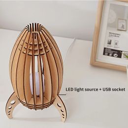 Wooden Led Space Rocket Lamp Handmade Wood Carving Rocket Night Light Decorative Desktop Table Lamp Kids Children Gifts