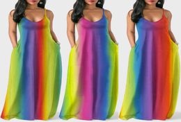 Whole Designer Women Clothes Bohemian Rainbow Print Loose Summer Dresses Fashion Women Sexy Spaghetti Strap Bodycon Long Maxi 2001539