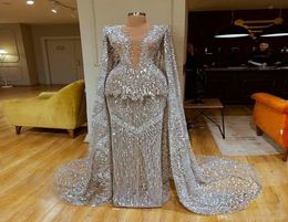 Sparkly Full Sequined Long Sleeves Mermaid Evening Dresses With Shawls Luxury Silver Sequined Prom Dress Formal Party Pageant Gown1055684