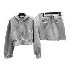 Women Cropped Hoodie Skirt Set Casual Daily Long Sleeve Sweatshirt Skirts Outfits Hooded Grey Jumper Tops Short Dress Sets