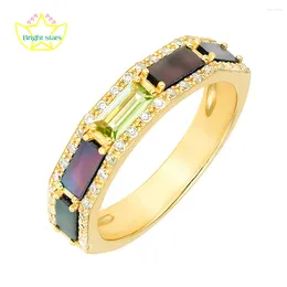 Cluster Rings Bright Stars Design Japanese Vintage Style S925 Silver Plated 14k Gold Green Olive Black Shell