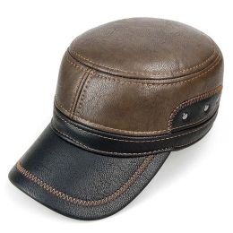Military Cap Top Leather Men's Baseball Cap Winter Hat Brown Flat Ear Muffs Warm Cold Outdoors Thick Fleece Mens Hat