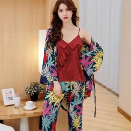 Home Clothing Autumn Ladies Pajama Set Deep V-neck Top Long Pant Bathrobe Nighties Floral Printed Sexy Women Sleepwear Wear Red