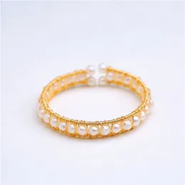 Bangle White Freshwater Pearl Bracelet Handmade Retro 14k Gold Plated Wrapped Corded