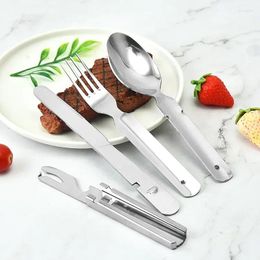 Dinnerware Sets 4-in-1 Portable Stainless Steel Camping Spoon Fork Knife And Can/Bottle Opener Military Utensils