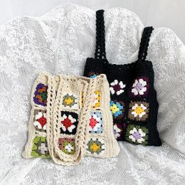 Women Boho Woven Tote Summer Beach Handbag Floral Handmade Weaving Shoulder Bags Hand Crochet Bag Flower Stitching Shopper Bag