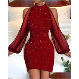 Basic Casual Dresses Ladies Autumn/Winter Round Collar Lace Stitching Elegant Long-Sleeved Dress Tunic Solid Color Sling Party Bodycon Dhwqv