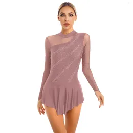 Stage Wear Womens Figure Skating Ballet Lyrical Dance Dresses Glitter Rhinestone Sheer Mesh Patchwork Long Sleeve Gymnatics Leotard Dress