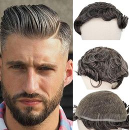 40 Grey Human Hair Mens Toupee Indian Remy Hair Replacement System 6 Inch Curly Toupee for Men French Lace Hairpiece5014031