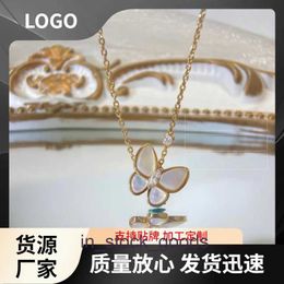 High grade Designer necklace vancleff for women High version Clover Butterfly White Fritillaria Necklace 18k Rose Gold Lock Bone Original 1:1 With Real Logo