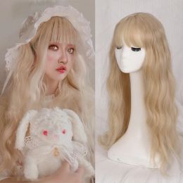 Allaosify Synthetic Long Curly Cosplay Lolita Wig with Bangs Pink Black Blonde Gray Blue Multiple Colors Wave Wig for Women