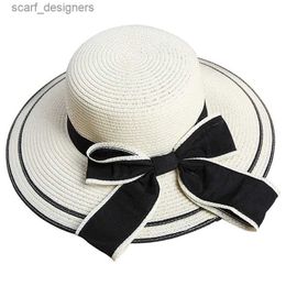 Wide Brim Hats Bucket Hats Women Summer Raffia Knit Straw Hat Fashion Wide Brim Casual Beach Sun Hat Sunscreen Block UV Protection Panama Bow Cap V5 Y240409