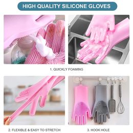 1Pair Dishwashing Cleaning Gloves Silicone Rubber Sponge Glove Household Scrubber Kitchen Clean Tool Housework Bathroom Cleaning