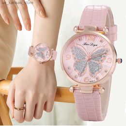 Wristwatches Butterfly Diamond Dial Design Women Quartz es Fashion Casual Ladies Wristes Simple Woman Leather Clock Montre Femme240409