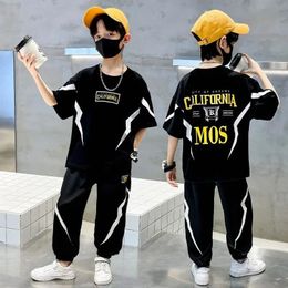 Summer Children Boy Clothes Set Letter Print Tshirts and Pants Suit Teenage Girl Short Sleeve Crew Top Bottom Tracksuit Outfits 240328