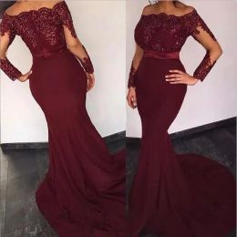 2024 New Cheap Bridesmaid Dresses Off Shoulder Wedding Guest Wear Mermaid Long Sleeves Burgundy Floor Length Party Dress Maid of Guest Gowns