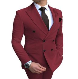 Burgundy Wedding Tuxedos Groom Wear Outfit Men039s Suit Groomsmen Notch Lapel Flat Slim Fit Business Prom Party Dating 2 Piece 4342553