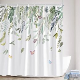 Rustic Floral Shower Curtains Green Leaves Hummingbirds Butterfly Watercolour Flowers Plant Spring Scenery Fabric Bathroom Decor