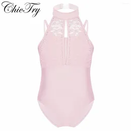 Stage Wear Little Kids Girls Spaghetti Shoulder Straps Turtle Neck Lace Overlay Bodice Ballet Dance Gymnastics Leotard Jumpsuit Romper