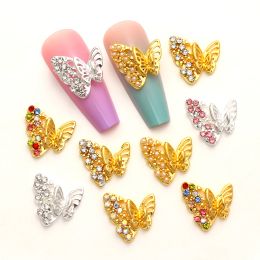 10 Pcs Gold/Silver Multi-Designs Nail Art Jewelry Charms White/AB Crystal Rhinestones 3D Butterfly Shaped Alloy Nail Accessories