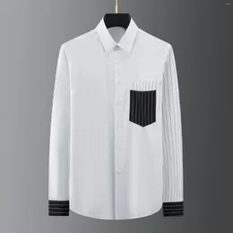 Men's Casual Shirts High End Trend Light Luxury Double Pocket Striped Printed Hand Sleeve Patchwork Long Sleeved Shirt