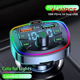 1~10PCS Car 5.0 Charger FM Transmitter PD 20W Type-C Dual USB 3.1A Colourful Ambient Light Cigarette lighter MP3 Music