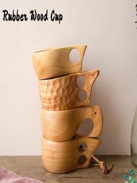 Nordic Style 4 Kinds Rubber Wood Tea mugs with Handles Kuksa Wooden Coffee cups with Rope Two Holes Handmade Portable Drinking Wat6806156