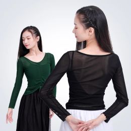 Classical Dance Clothes Women See Through Solid Mesh Tops Long Sleeve Drawstring Ballet T-Shirt Women Dance Costume