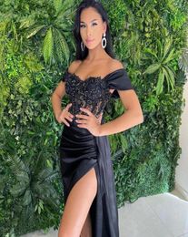 Black Mermaid High Split Evening Dresses Gowns Satin Beaded Elegant Sexy Prom Formal Gown Pleat Arabic Dubai Vestidos De Fiesta ro9785323