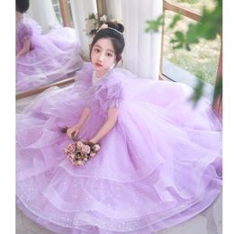 purple Princess Flower Girls Dresses for Weddings sequined Kids Formal Wear Beads Long Pageant Dress First Communion Dress little Girls Tulle Toddler Pageant gown