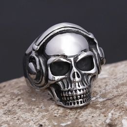 New Vintage 14K Gold Earphone Skull Ring For Men Punk Hip Hop Rock Skeleton Rings Cool Fashion Party Jewellery