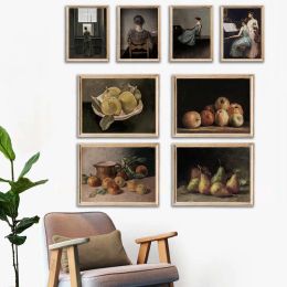 Vintage Country Apple Moody Pear Still Life Kitchen Wall Art Window Woman Portrait Print Antique Painting Victorian Music Decor