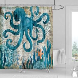 Blue Octopus Retro Wood Grain Shower Curtain Funny Marine Animals Poster nautical Theme Boys Bathroom Decor Bath Curtains Hooks