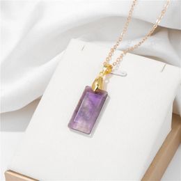 Pendant Necklaces Natural Amethysts Pendent Necklace Square Cube Slice Stone Charm Gold Colour Chain Choker Fashion Jewellery Gift For Women