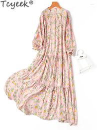 Casual Dresses 70% Mulberry Silk Long Dress Print Spring Summer Women's Pretty And Elegant Sleeve Vestidos De Mujer