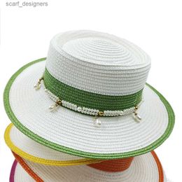 Wide Brim Hats Bucket Hats Colored Beach Straw Hat Womens Summer Sunshade Hat Pearl Accessories Elegant Wide brim Jazz Hat Mens Travel Sun Hat Y240409
