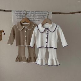Clothing Sets Spring Baby Girls Fashion Knitted Cute Outfits Cotton Turn-down Collar T Shirt And Flared Trousers Soft Clothes