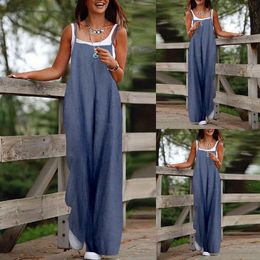 Women Casual Onepiece Jumpsuit Solid Square Neck Sleeveless Pockets Loose Fashion Wideleg Fake Denim Rompers 240409