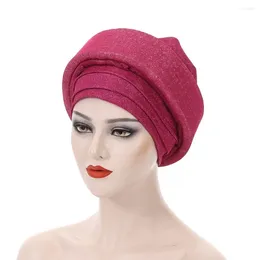 Berets Elegant African Auto Gele Headtie Bilayer Turbante Baotou Cap Glitters Pleated Female Head Wraps